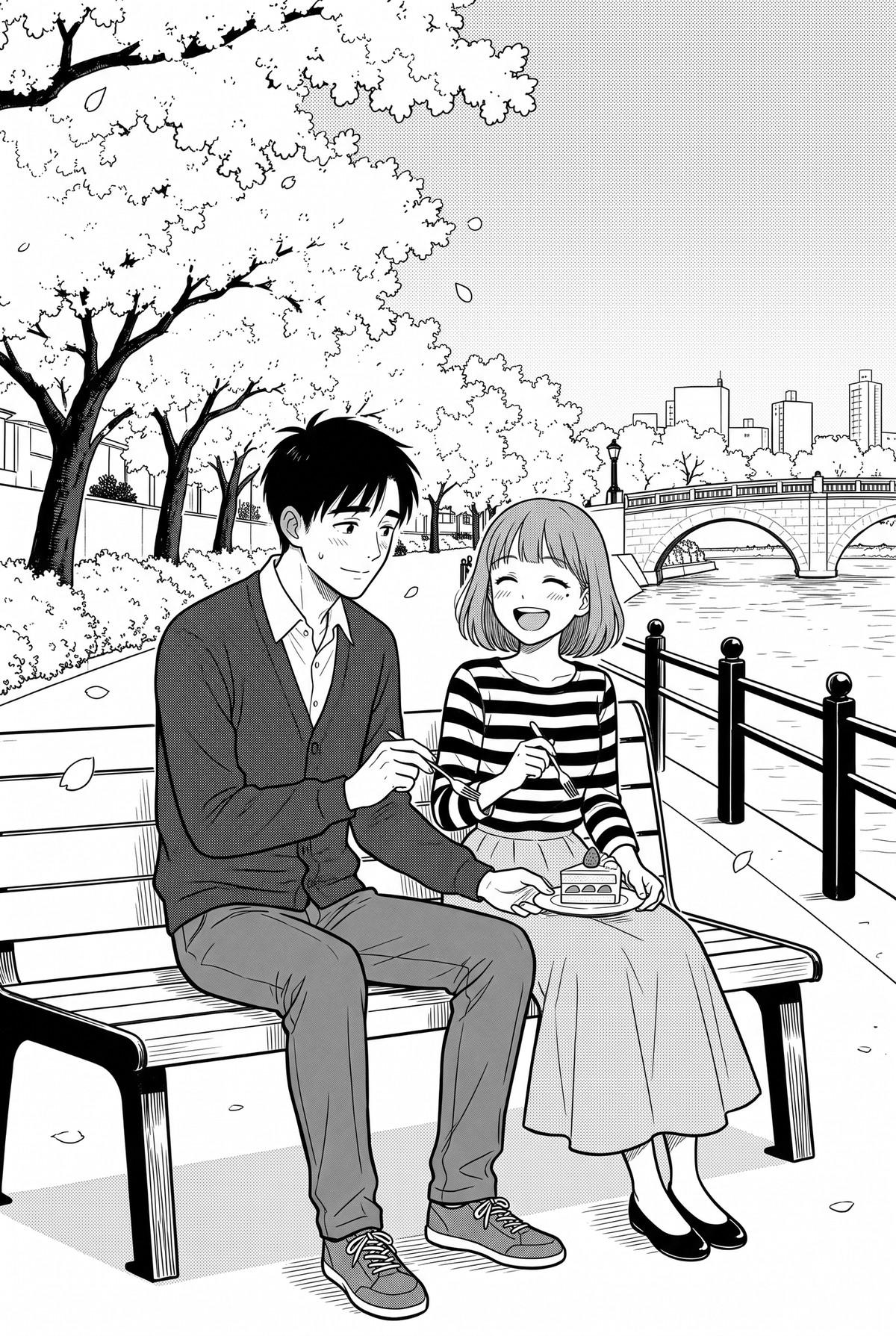 扉。題は『陽介と美咲』第1話 ケーキの日。桜の咲く川沿いのベンチで、ひと切れのショートケーキを分けて食べながら笑うふたり。