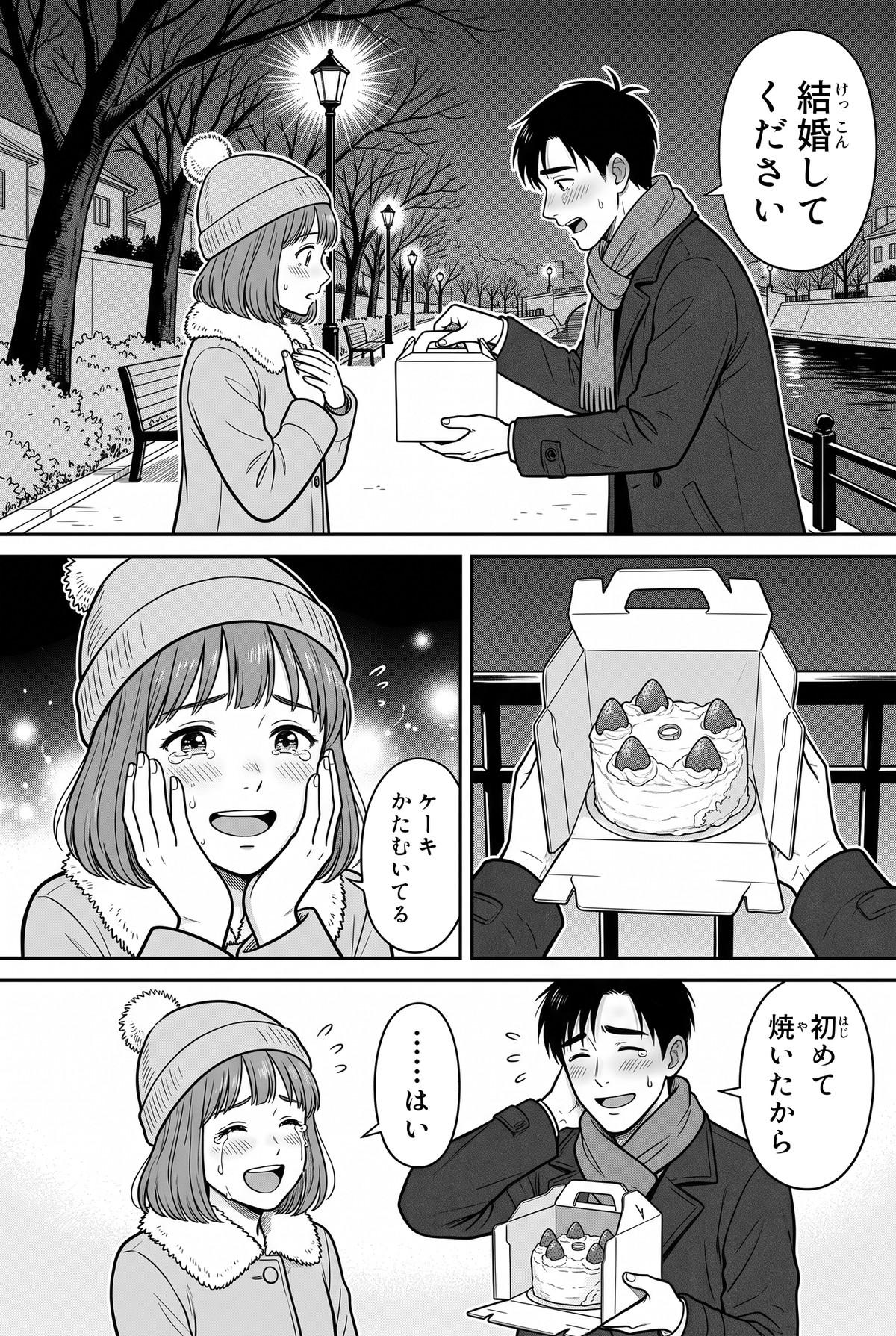 街灯の下で、陽介がケーキの箱を差し出し「結婚してください」。開けた箱の中には、手作りのケーキと指輪。涙ぐむ美咲が「ケーキ かたむいてる」。「初めて 焼いたから」と照れる陽介に、美咲が泣き笑いで「……はい」と答える。